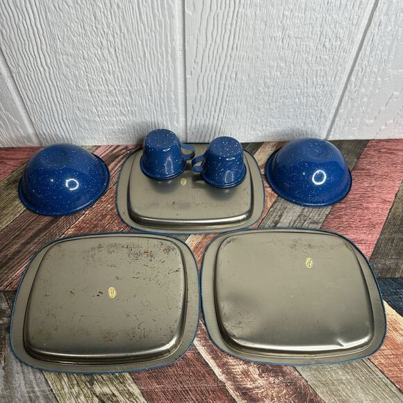 Set of 7 Vintage Blue Speckled Enamelware Graniteware Camp Cup Bowls & Trays - Picture 7 of 13